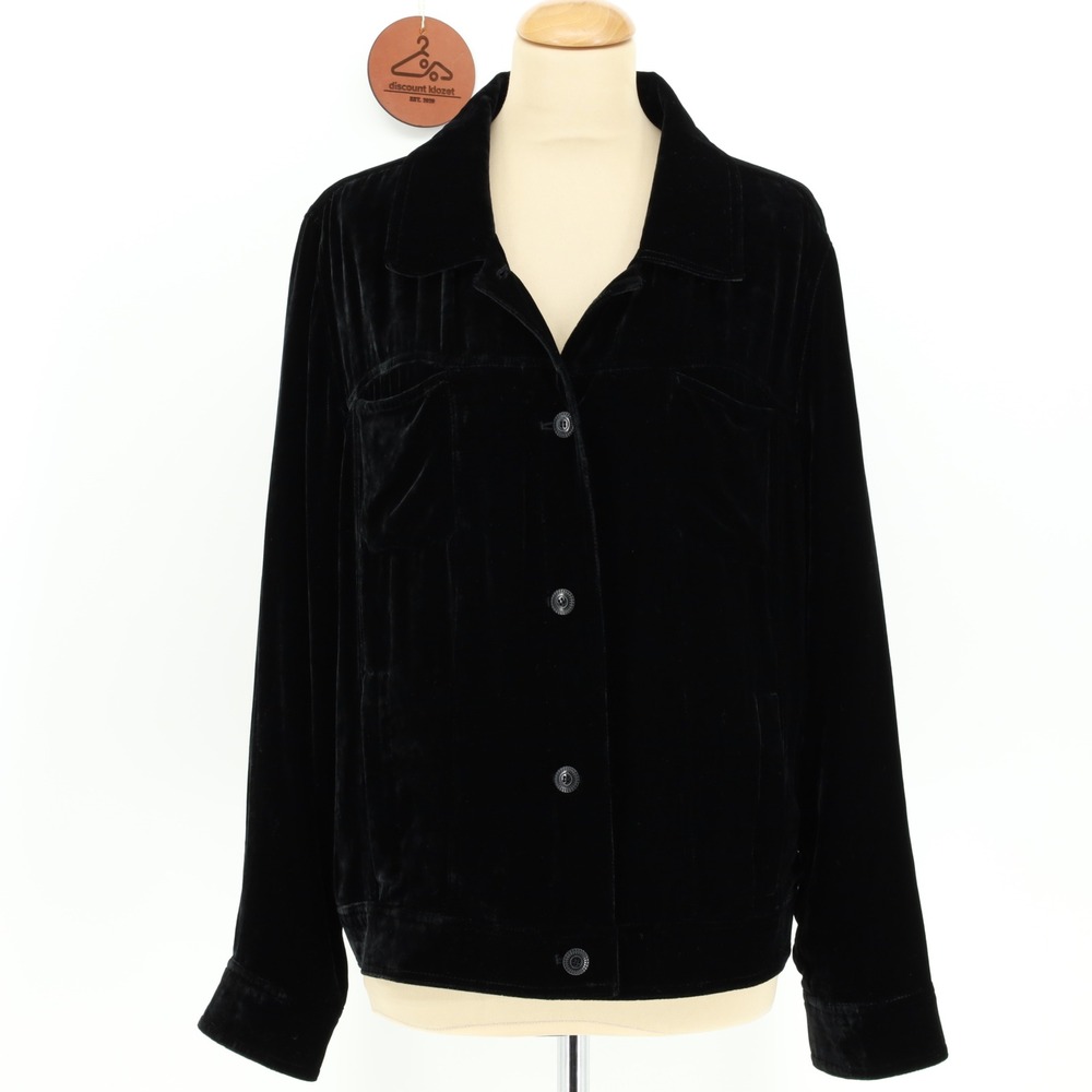 J. Jill XL Black Silk Blend Velvet Button Front Jacket Coat Pocketed Minimalist